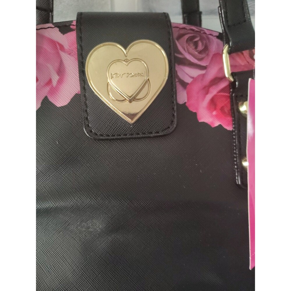 New Betsy Johnson Satchel Purse in Black with Varied Pink Roses Cottage Core Y2K - Picture 3 of 15